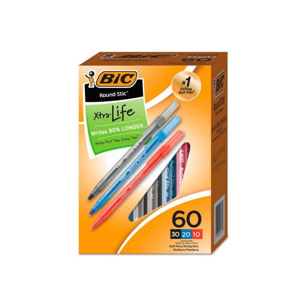 Bic BIC Round Stic Xtra Precision Stick Ballpoint Pen, 1mm, Assorted Ink/Barrel, 60/Pack GSM609AST - main